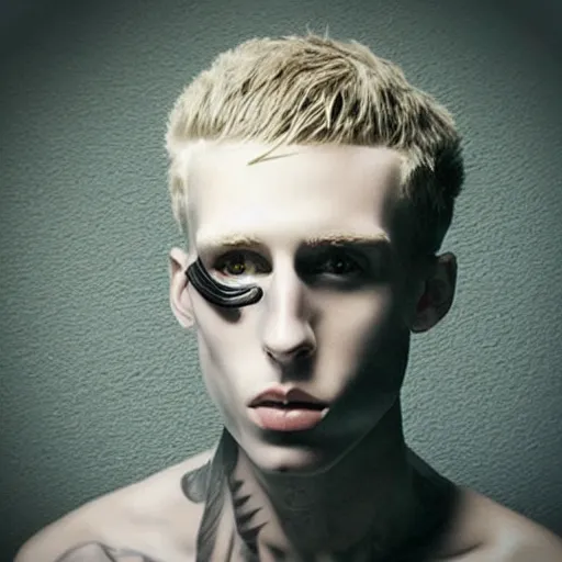 Image similar to “a realistic detailed photo of a guy who is an attractive humanoid who is half robot and half humanoid, who is a male android, rapper Machine Gun Kelly, shiny skin, posing like a statue, blank stare”