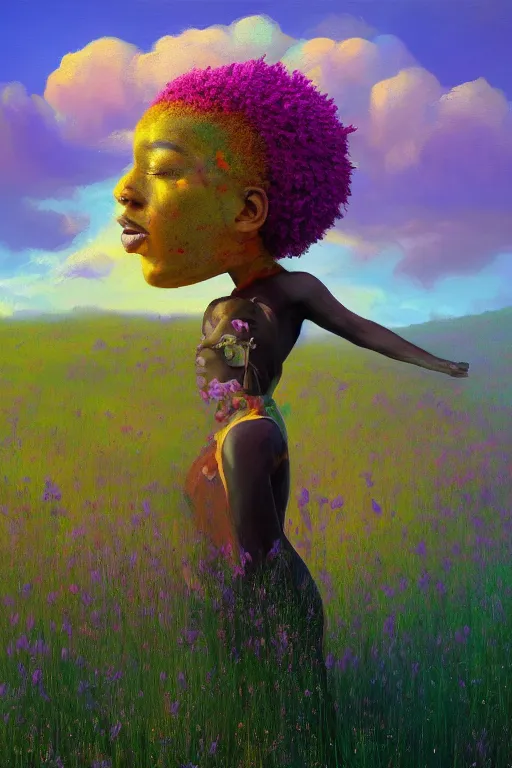 Image similar to closeup, giant flower as head, african woman in heather field, surreal photography, golden hour, colorful clouds, impressionist painting, digital painting, artstation, simon stalenhag