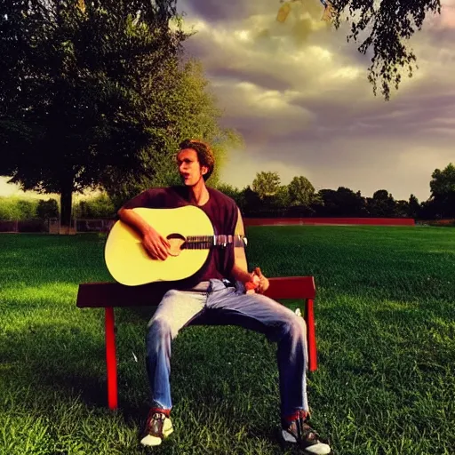 Image similar to 1 9 9 0 s candid 3 5 mm photo of a man sitting on a bench in a park playing guitar, cinematic lighting, cinematic look, golden hour, the clouds are epic and colorful with cinematic rays of light, photographed by petra collins, hyper realistic