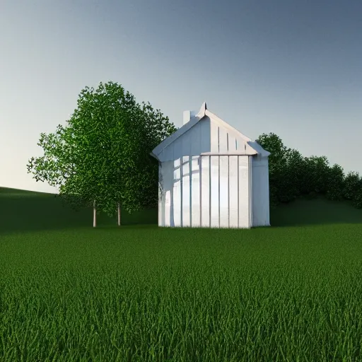 Prompt: house of white color on a grass land, 3 d render