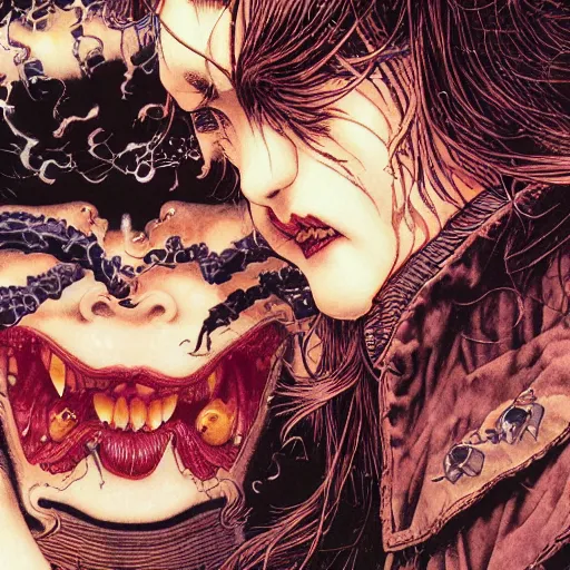 Image similar to closeup of vampire kiss, by yoichi hatakenaka, masamune shirow, josan gonzales and dan mumford, ayami kojima, takato yamamoto, karol bak