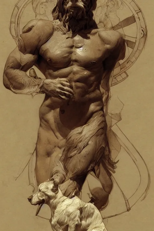 Image similar to Dog as a Greek god, detailed face, greek statue, gorgeous, amazing, muscular, fit, very muscular male body, intricate, highly detailed, digital painting, artstation, concept art, sharp focus, illustration, art by greg rutkowski beeple and alphonse mucha