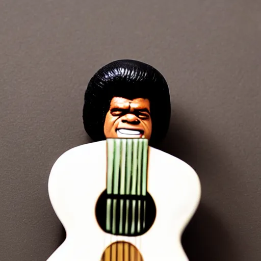 Prompt: a porcelain figurine of james brown playing the guitar, product shot