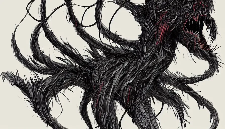 Prompt: concept art of a terrifying monster composed of feathers and string, twisted nightmare, brush hard, artstation, panormic, high quality, brush stroke