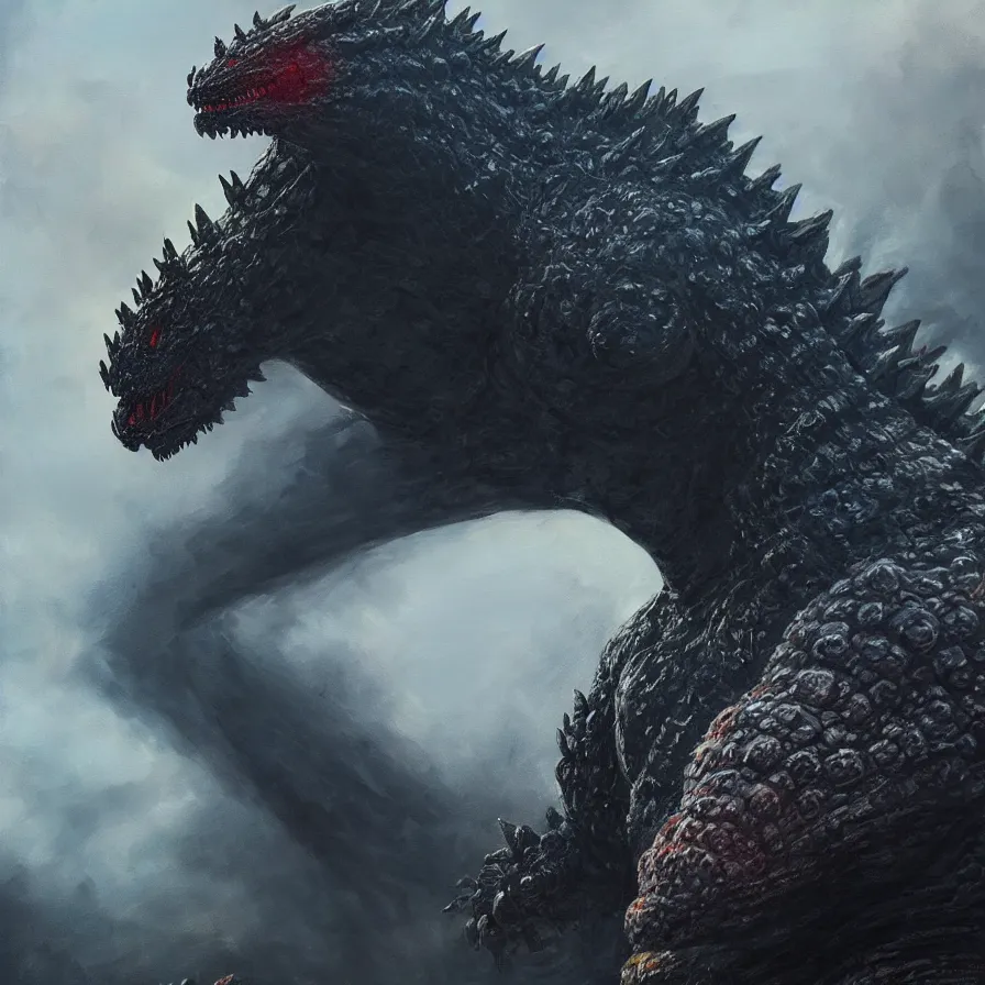 Image similar to portrait of Xplus Godzilla!!! foggy rim lighting ultra realistic oil painting, 4k, artstation trending