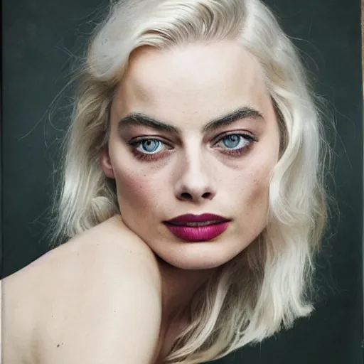 Image similar to photo of margot robbie, full platinum blond, pale skin, freckle, by diane arbus, realistic, high detail, high quality, trending on pinteresst