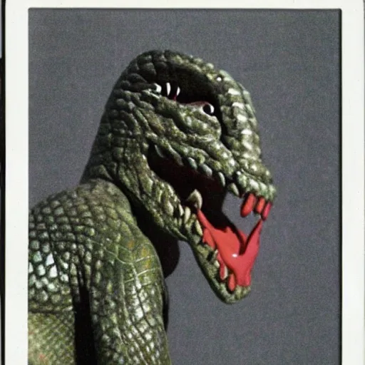 Prompt: polaroid of a screaming reptilian halloween mask