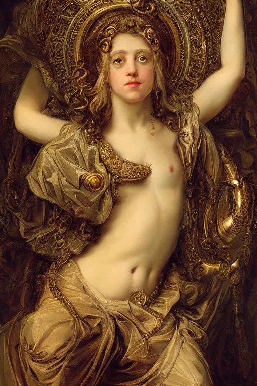 Image similar to hyper realistic painting portrait of the lord of time, occult diagram, elaborate details, rococo, baroque, gothic, intrincate ornaments, gold decoration, caligraphy, occult art, illuminated manuscript, oil painting, art noveau, in the style of roberto ferri, gustav moreau, waterhouse - c 9