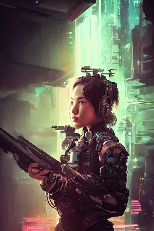 Image similar to beautiful portrait of a cyborg mercenary girl holding a rifle, art by wlop, artgerm, liam wong, cyberpunk, neon, intricate details, trending on artstation, sharp focus, caustics, octane render, radiant light, 4 k