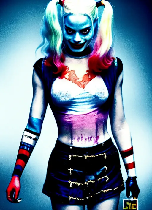 Image similar to 5 0 mm photo of beautiful suicide squad happy margot robbie with long white hair that looks like harley quinn standing on the wet street of dystopian gotham city at night, angry frown, seductive camisole, pinup, glamour fashion pose, watercolor, frank miller, moebius, jim lee, cinematic, ridley scott, lens flare, dramatic lighting, annie leibowitz
