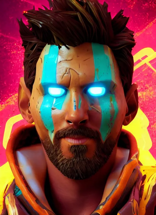 Image similar to glowwave portrait of messi from borderlands 3, au naturel, hyper detailed, digital art, trending in artstation, cinematic lighting, studio quality, smooth render, unreal engine 5 rendered, octane rendered, art style by klimt and nixeu and ian sprigger and wlop and krenz cushart.