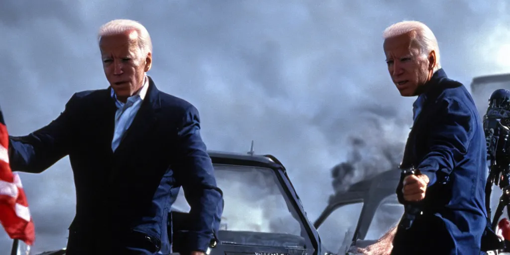 Image similar to joe biden in the terminator shooting terminator donald trump, cinematic, two characters, highly detailed, photorealistic, cinematic lighting, James Cameron,