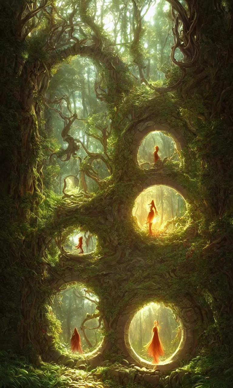 Image similar to Fantasy Magical fairy-tale portal in the forest. Round stone portal teleport in trees to other worlds. Fantastic landscape. Magic Altar in the fores, highly detailed, digital painting, artstation, concept art, smooth, sharp focus, illustration, art by artgerm and greg rutkowski and alphonse mucha