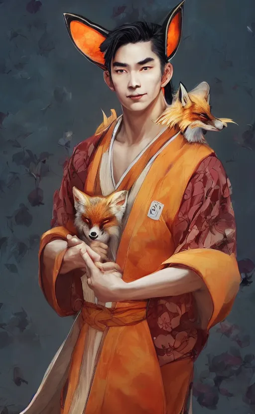 Image similar to An beautiful digital painting of a beautiful man with fox ears and nine tails wearing a kimono, by Stanley Artgerm Lau, WLOP, Rossdraws, James Jean, Andrei Riabovitchev, Marc Simonetti, and Sakimichan, tranding on artstation, SFW version