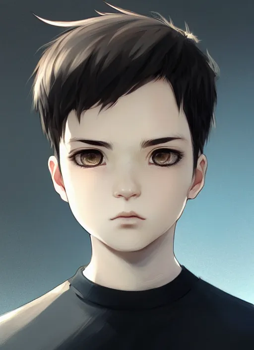 Image similar to detailed portrait art of boy with white three to seven hair, art by ross tran ilya kuvshinov krenz cushart, wear a white shirt, the left eye is black, the right eye is blue, and the bone is exposed on the right forehead, very detailed, intricate, digital anime art, sharp focus