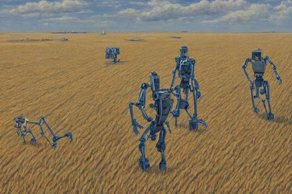 Image similar to sci-fi painting of a large alien city on the vast wheat fields, the closed back view of one humanoid robot on the ground, by Gustave Baumann, godrays, detailed