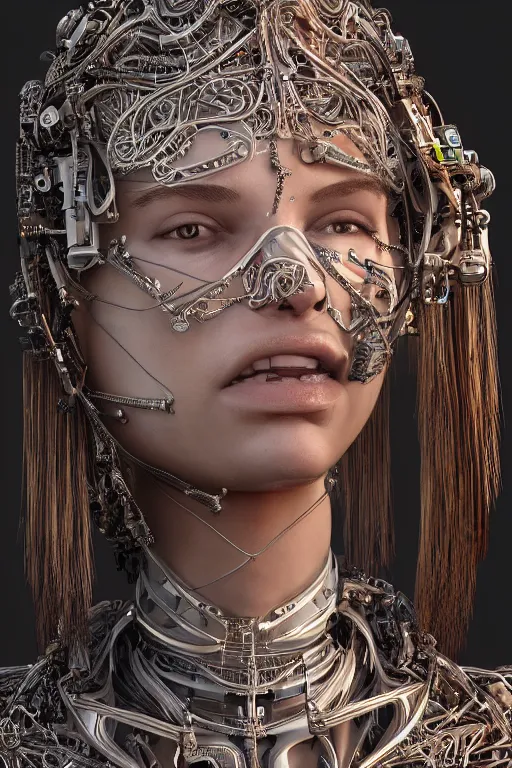 Image similar to a beautiful and young fully cybernetic female with a body mostly made of mechanical parts adorned digital detail and some ornate geometric carvings female human face, intricate, elegant, very detailed, hyper real, octane render, 8k, trending on Artstation