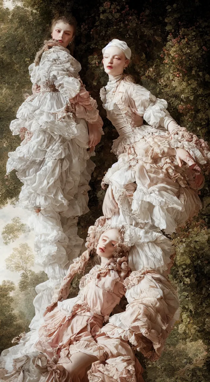 Image similar to fashion editorial by Jean-Honoré Fragonard. outdoor. highly detailed. 8k. depth of field. photography