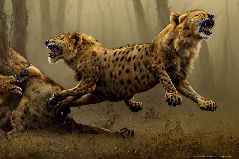 Image similar to photo, lions and hyenas having a fight, woodland location, stefan kostic and david cronenberg, realistic, sharp focus, 8 k high definition, intricate, chiaroscuro, elegant, perfect faces, symmetrical face, extremely detailed, hypnotic eyes, realistic, fantasy art, masterpiece zdzislaw beksinski, artgerm