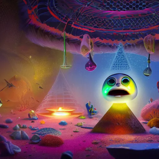 Image similar to googles, pyramid, floating, rbc, radiolaria, protophyta, microorganisms, center frame, symmetric, rim light, marine microbiology, bioluminescence, electric, fur, soft, concept art, intricate details, highly detailed, colorful, photorealistic, disney pixar, octane render, iridescent, anime, 8 k