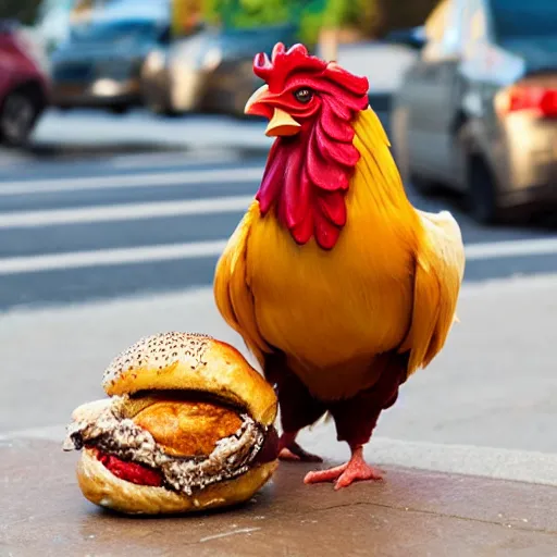 Image similar to telekinetic rooster fighting crime while eating a bagel
