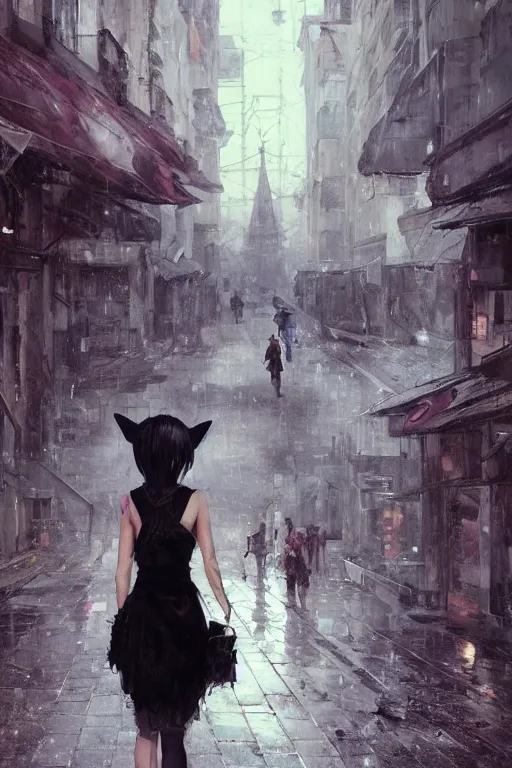 Prompt: woman with cat ears wearing a black lace dress and thigh highs walking in a depressing soviet city, expressive oil painting, digital anime art, highly detailed, character art, by yoshitaka amano, by greg rutkowski, by conrad roset, volumetrics, octane render, rainy street