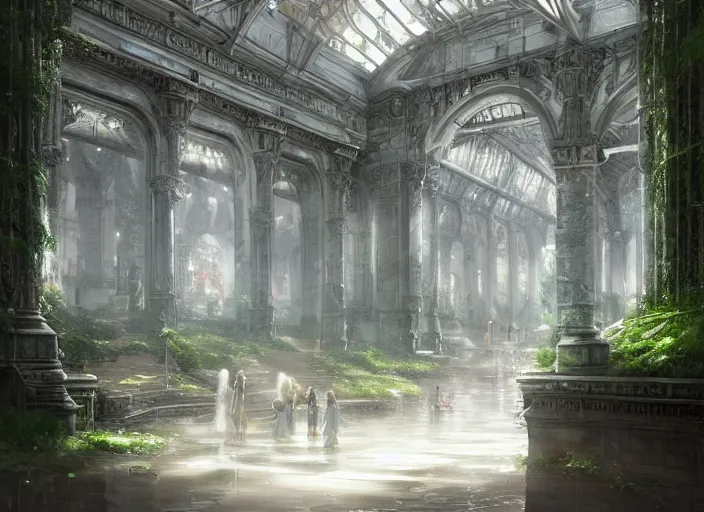 Prompt: A train subway inside a beautiful elven city made of white marble, anime, lush trees, fountain, statue, a fantasy digital painting by Greg Rutkowski and James Gurney, trending on Artstation, highly detailed
