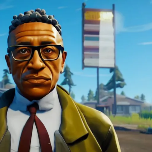 Image similar to gustavo fring as a fortnite character, gameplay screenshot, high definition