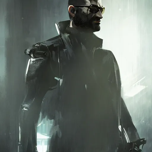 Image similar to bald Max Payne as Adam Jensen in Deus Ex, by Cedric Peyravernay, highly detailed, excellent composition, cinematic concept art, dramatic lighting, trending on ArtStation