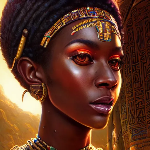 Image similar to highly detailed portrait of an african neon egyptian goddess, intricate alien technology, stephen bliss, unreal engine, fantasy art by greg rutkowski, loish, rhads, ferdinand knab, makoto shinkai and lois van baarle, ilya kuvshinov, rossdraws, tom bagshaw, global illumination, radiant light, detailed and intricate environment