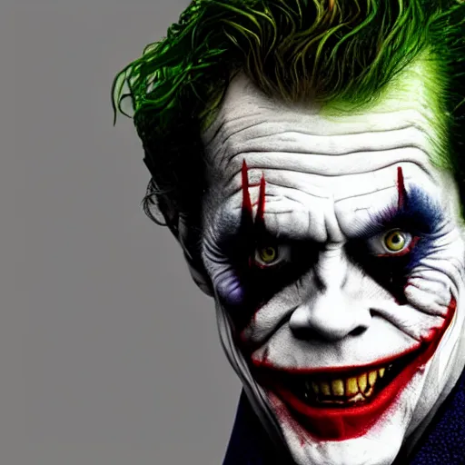 Image similar to willem dafoe as the joker, movie poster, superrealism, quality, post - production, image depth, focus, fine details, skin pores, makeup, 8 k