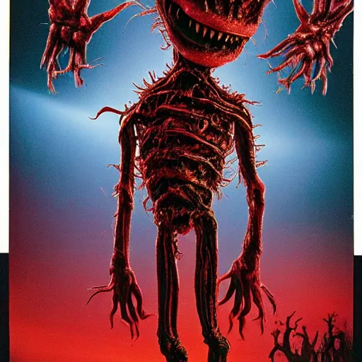 Prompt: a hyper detailed filmic realistic atmospheric full body backlit photograph of the alien organism creature with multiple human limbs and grotesque distorted human face mutating from The Thing 1982 in the style of John Carpenter horror movie