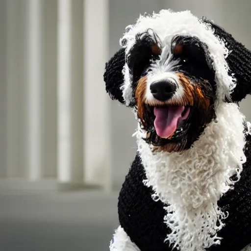 Image similar to a closeup photorealistic photograph of a cute smiling knitted bernedoodle judge dog dressed in a black gown, presiding over the courthouse. indoor image, professional capture, well lit shot. this 4 k hd image is trending on artstation, featured on behance, well - rendered, extra crisp, features intricate detail, epic composition and the style of unreal engine.