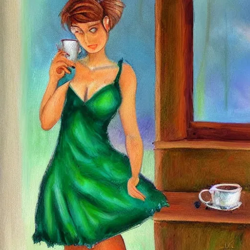 Prompt: Tinkerbell in short green dress with tattered hem, thick heavy eye makeup, bare feet, hungover, coffee cup, stark oil painting by Jasmine Beckett