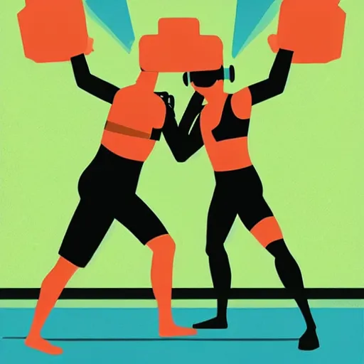 Image similar to wrestlers wearing vr headsets, vr goggles, shrugging, shrugging arms, tap out, fight club, tapping out, minimalistic, trending on art station, poster art by tom whaldon