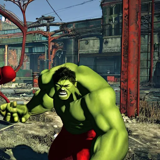 Image similar to hulk and spiderman in fallout 4