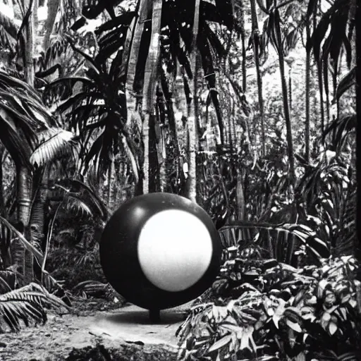 Image similar to a rizom lost film footage of a trabal sphere in the middle of the tropical jungle / object / abstract / modernism / film still / cinematic / enhanced / 1 9 2 0 s / black and white / grain