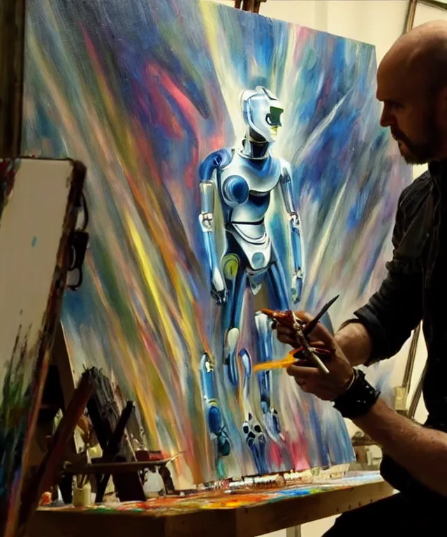 Image similar to photo of futuristic holy futuristic cyborg-robot-painter-artist creating a painting with acrylic paint and brushes in a futuristic artist studio. masterpiece, still from a 2021 movie by Terrence Malick, Tarkovsky, Gaspar Noe, James Cameron,