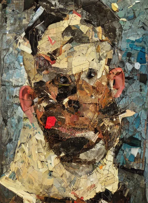 Image similar to a man with a moth mask, cardboard and scotch tape, chain, collage, acrylic on canvas, expressionism movement, breathtaking detailed, by blake neubert