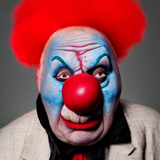 Image similar to an very old clown with a big nose of an alcoholic, fierce look, studio photograph, soft lighting