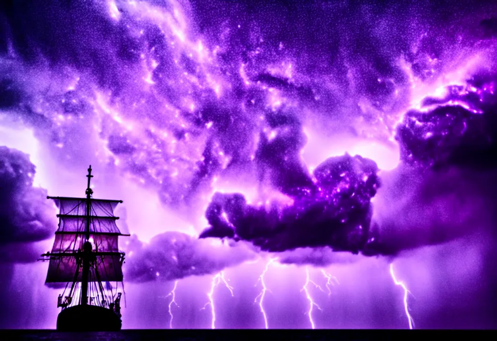 Image similar to purple color lighting storm with stormy sea, pirate ship firing its cannons trippy nebula sky with dramatic clouds 50mm shot