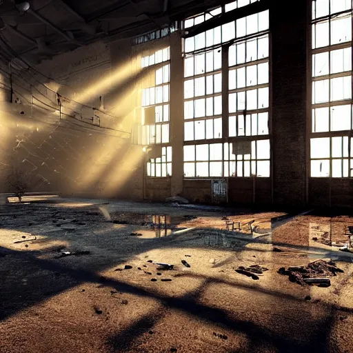 Prompt: abandoned industrial factory interior, sunlight filtering through the windows, digital art, trending on artstation