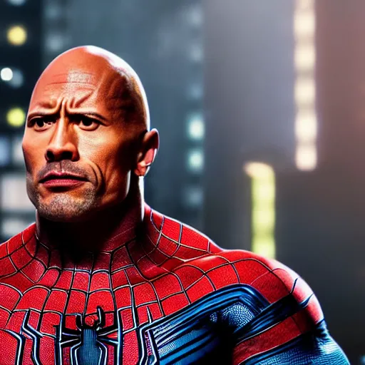 Image similar to dwayne johnson as a black and blue suit spider - man, cinematic, volumetric lighting, f 8 aperture, cinematic eastman 5 3 8 4 film, photorealistic