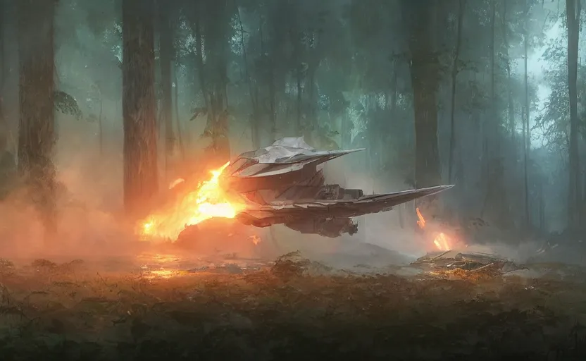 Image similar to a fighter design spaceship on fire crashed in a swamp forest, on the ground, smoke, smoke, cloudy air. Atmospheric lighting, overgrowth. By Makoto Shinkai, Stanley Artgerm Lau, WLOP, Rossdraws, James Jean, Andrei Riabovitchev, Marc Simonetti, krenz cushart, Sakimichan, trending on ArtStation, digital art.