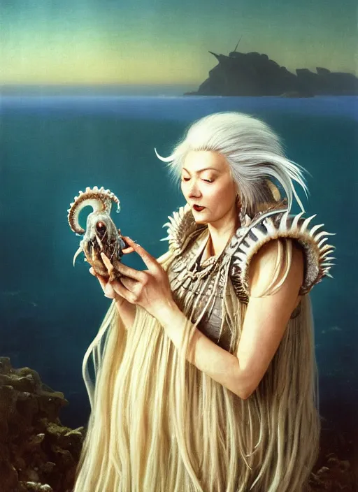 Image similar to cinematic portrait photo of the half ammonite dark crystal skeksis white haired retro woman with wet hair dressed in mother of pearl armor, biting into a juicy squid snack!!!!!!, ryden, kawase hasui, dorothea tanning, edward hopper and james gilleard, aivazovsky, beksinski, outram, artstation