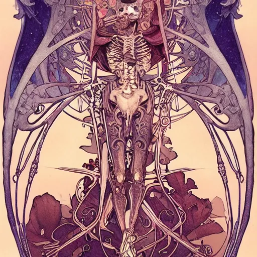 Image similar to skeleton with sickle, highly detailed, very intricate, art nouveau, gold filigree, award winning, tarot concept art watercolor illustration by mandy jurgens and alphonse mucha and alena aenami, featured on artstation