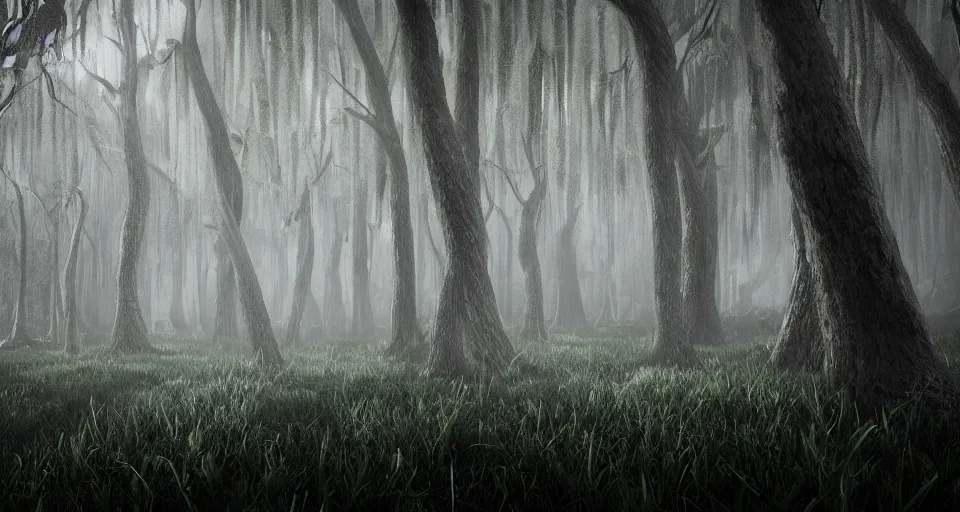 Prompt: A dense and dark enchanted forest with a swamp, with Vray