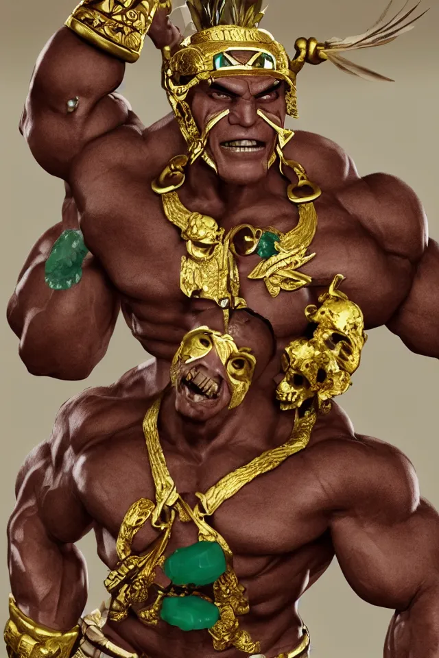 Image similar to A indigenous muscle man with skull head, gold and jade jewelry, feather crown, in the style of Z.W. Gu from trending on artstation, HD, Octane render, smooth, sharp focus, Anime style