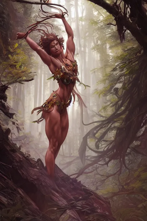 Image similar to female spirit of the forest, highly detailed, digital painting, artstation, concept art, smooth, sharp focus, illustration, unreal engine 5, 8 k, art by artgerm and greg rutkowski and alphonse mucha and ifbb pro fitness photograph