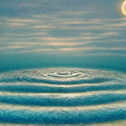 Image similar to Infinite in mystery is the gift of the goddess. We seek it thus and take to the sky. Ripples form over the water's surface. The wandering soul knows no rest.